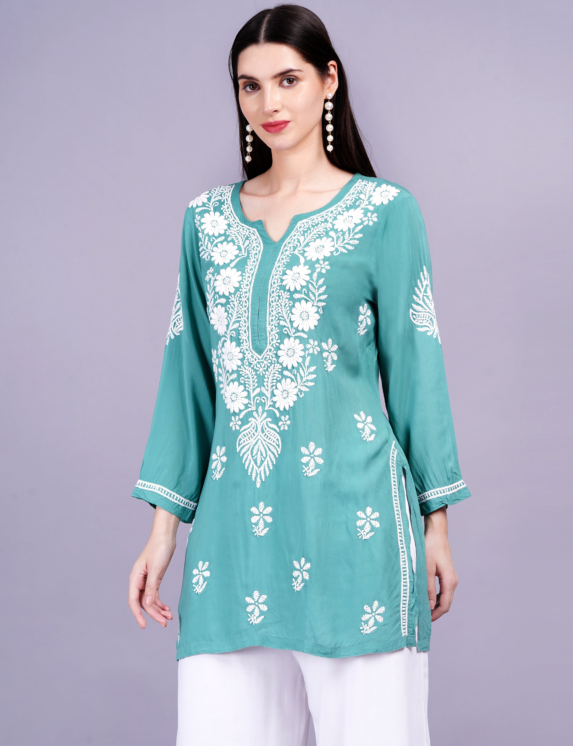 Modal Cotton Green Chikankari Kurti - Sufiza Lifestyle