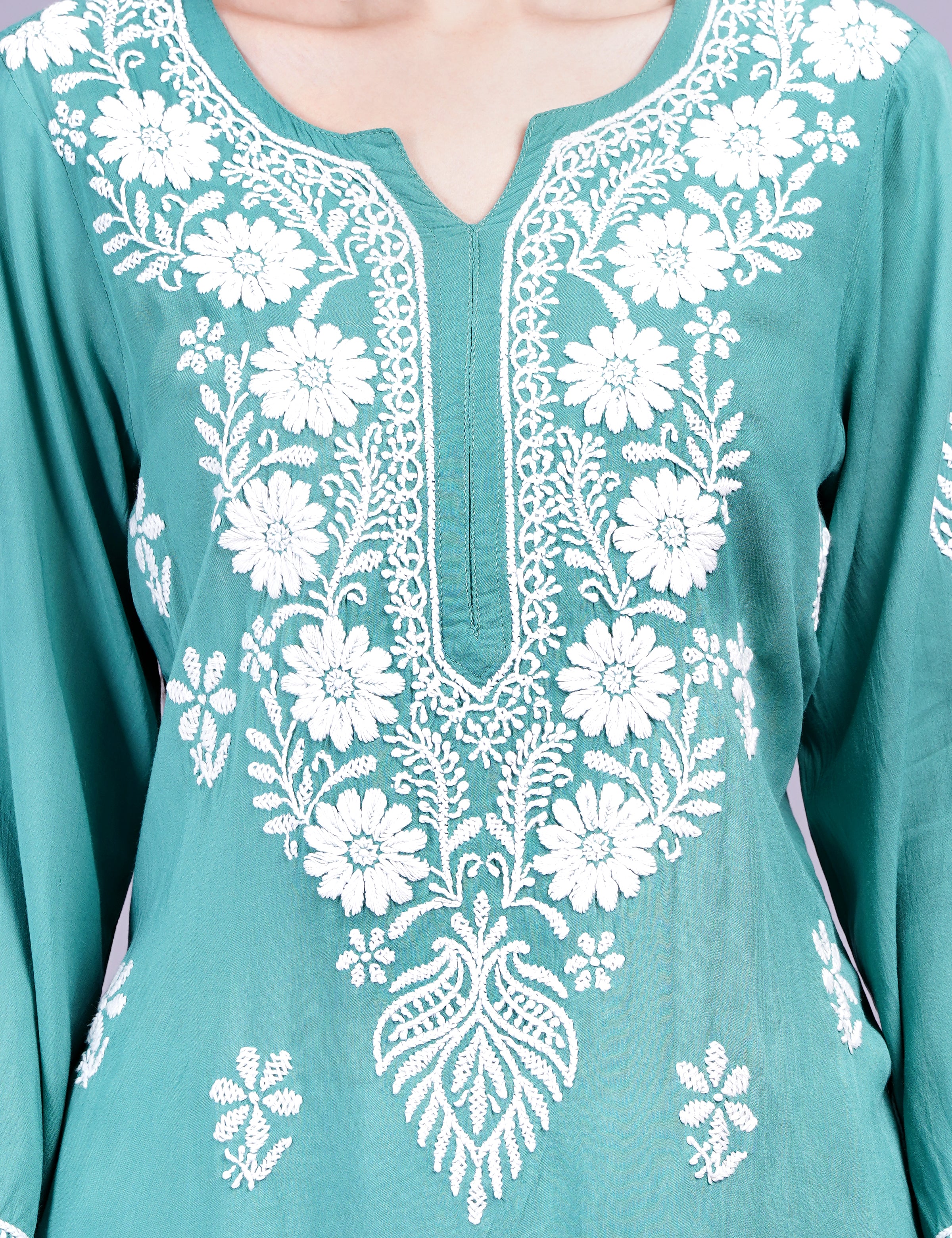 Modal Cotton Green Chikankari Kurti - Sufiza Lifestyle