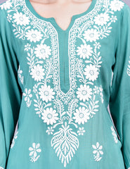 Modal Cotton Green Chikankari Kurti - Sufiza Lifestyle