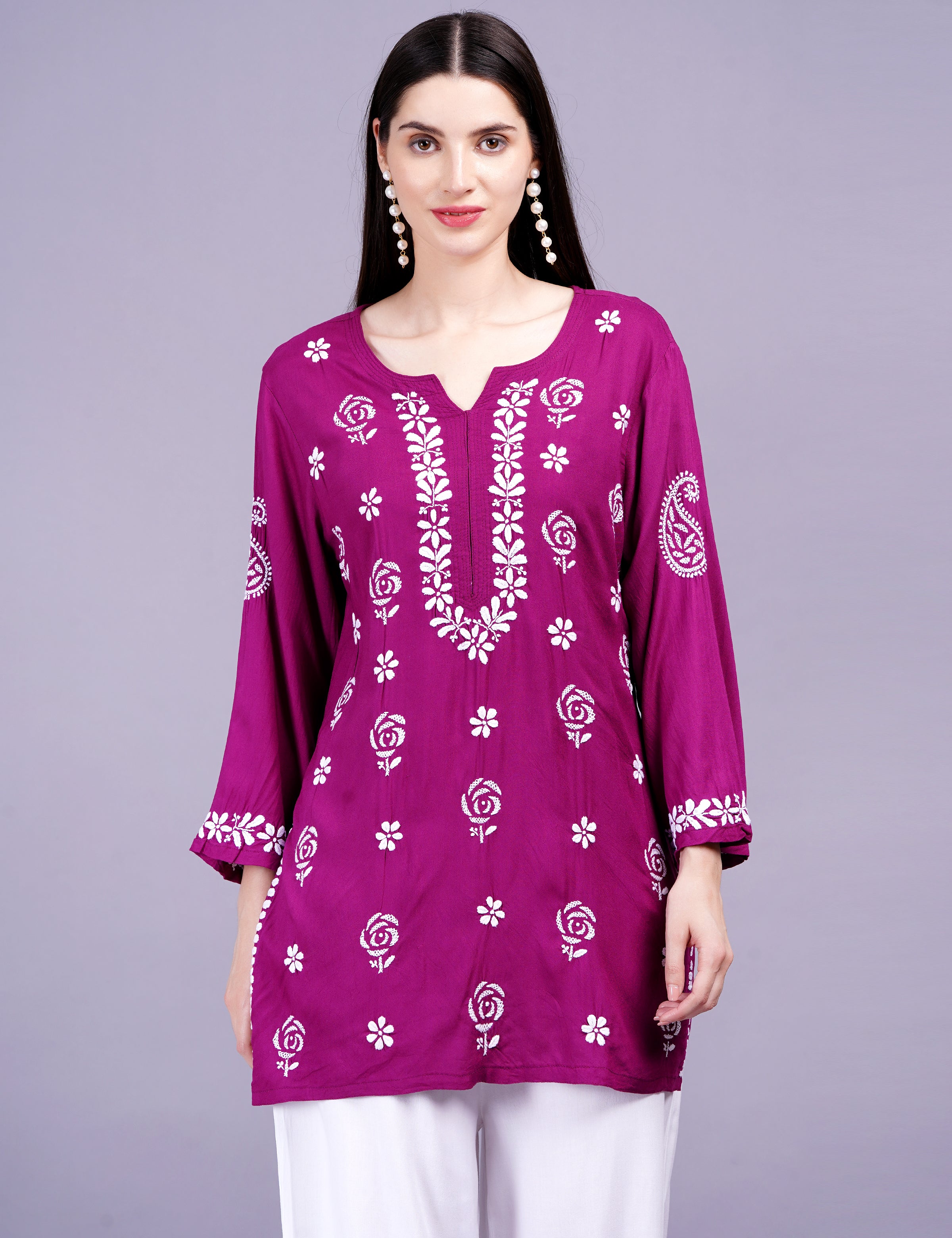 Modal Onion Color Chikankari Kurti - Sufiza Lifestyle