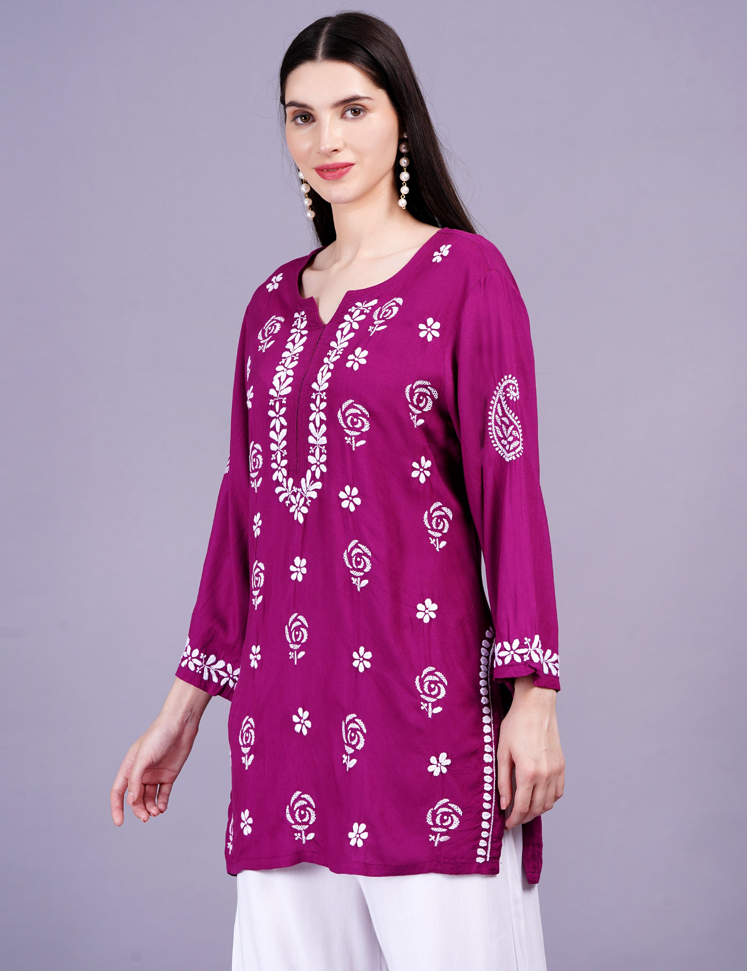 Modal Onion Color Chikankari Kurti - Sufiza Lifestyle