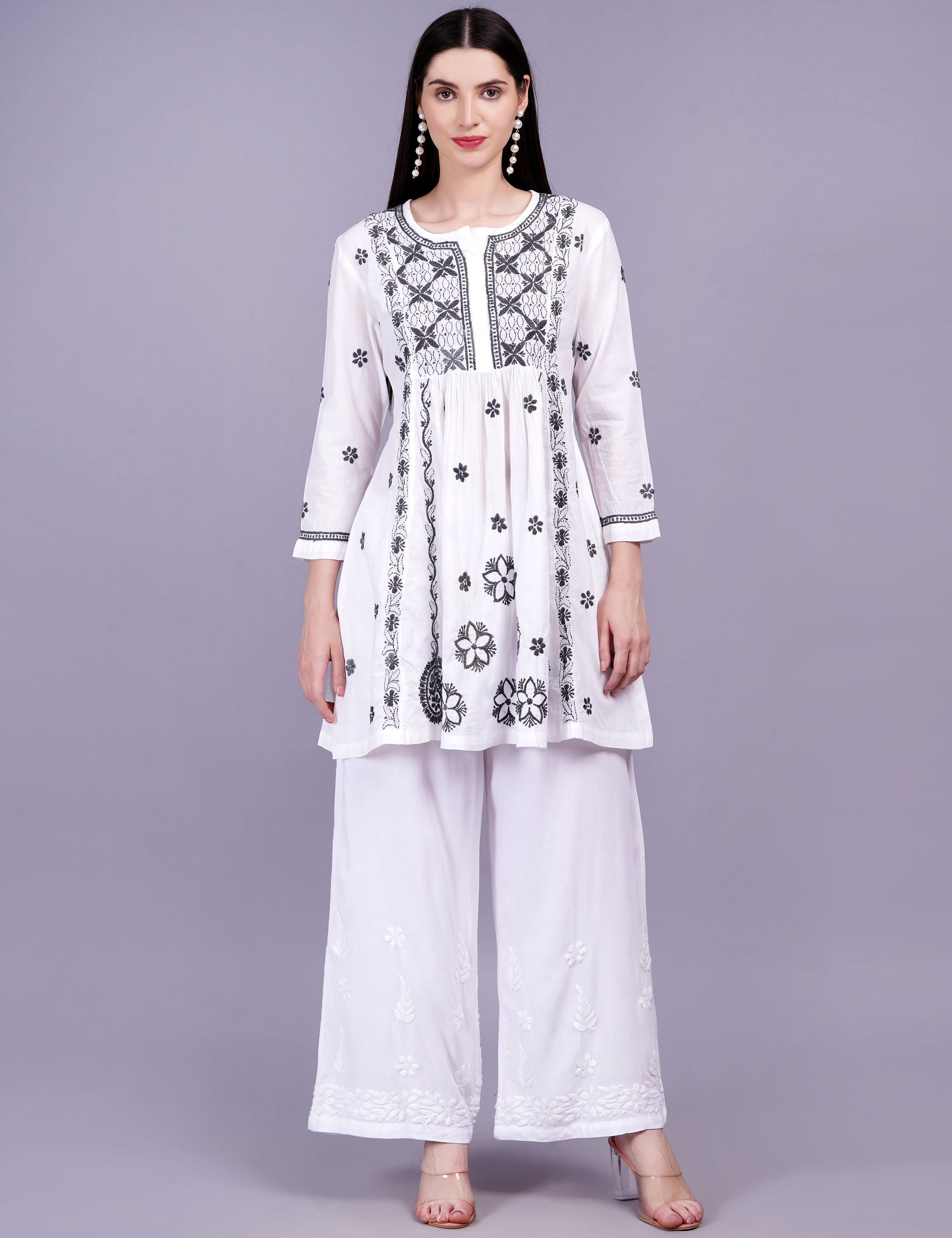 White Dress Gray Color Thread Chikankari Dress - Sufiza Lifestyle