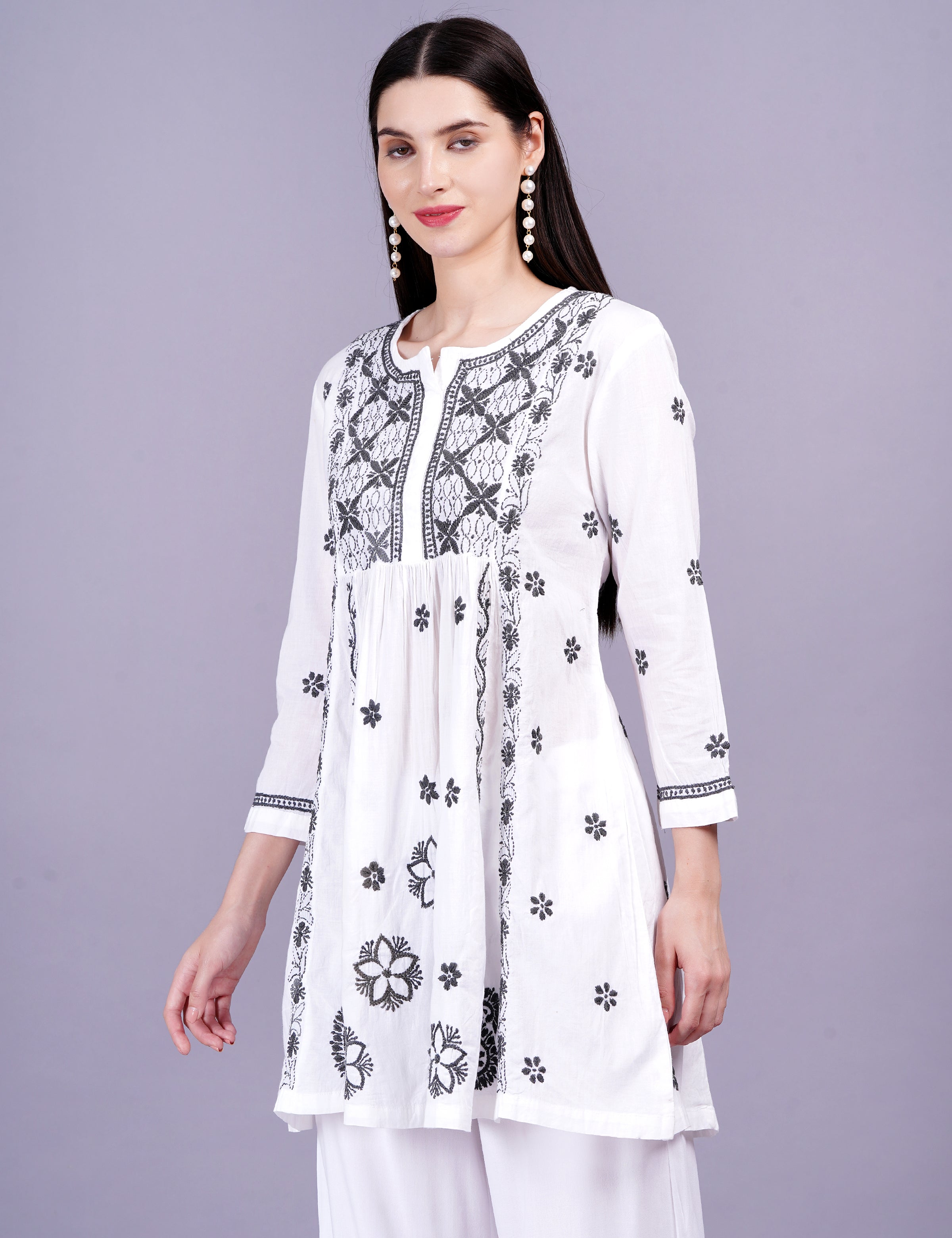 White Dress Gray Color Thread Chikankari Dress - Sufiza Lifestyle
