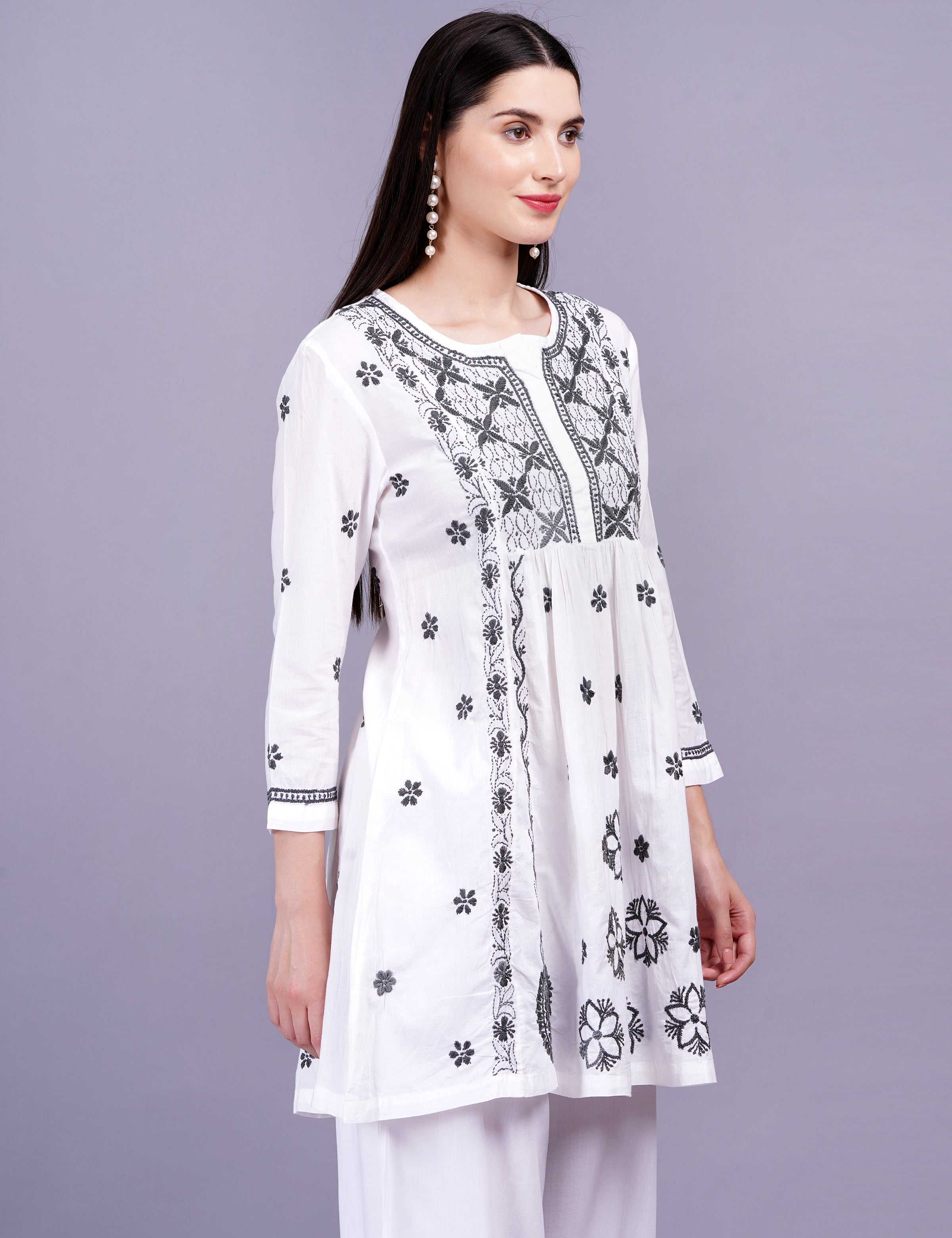 White Dress Gray Color Thread Chikankari Dress - Sufiza Lifestyle