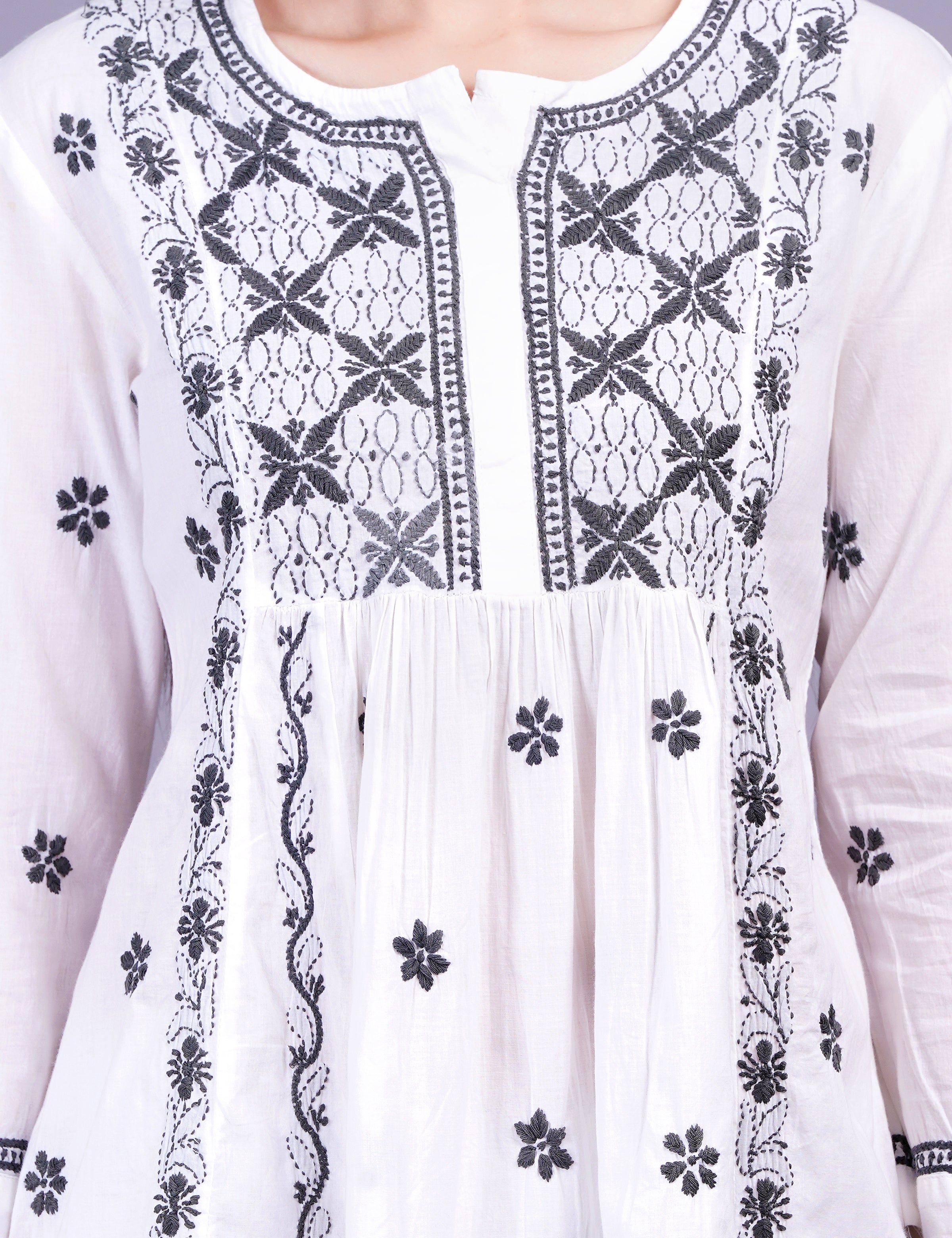 White Dress Gray Color Thread Chikankari Dress - Sufiza Lifestyle