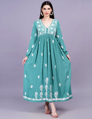 Modal Cotton Green Dress Chikankari Work - Sufiza Lifestyle