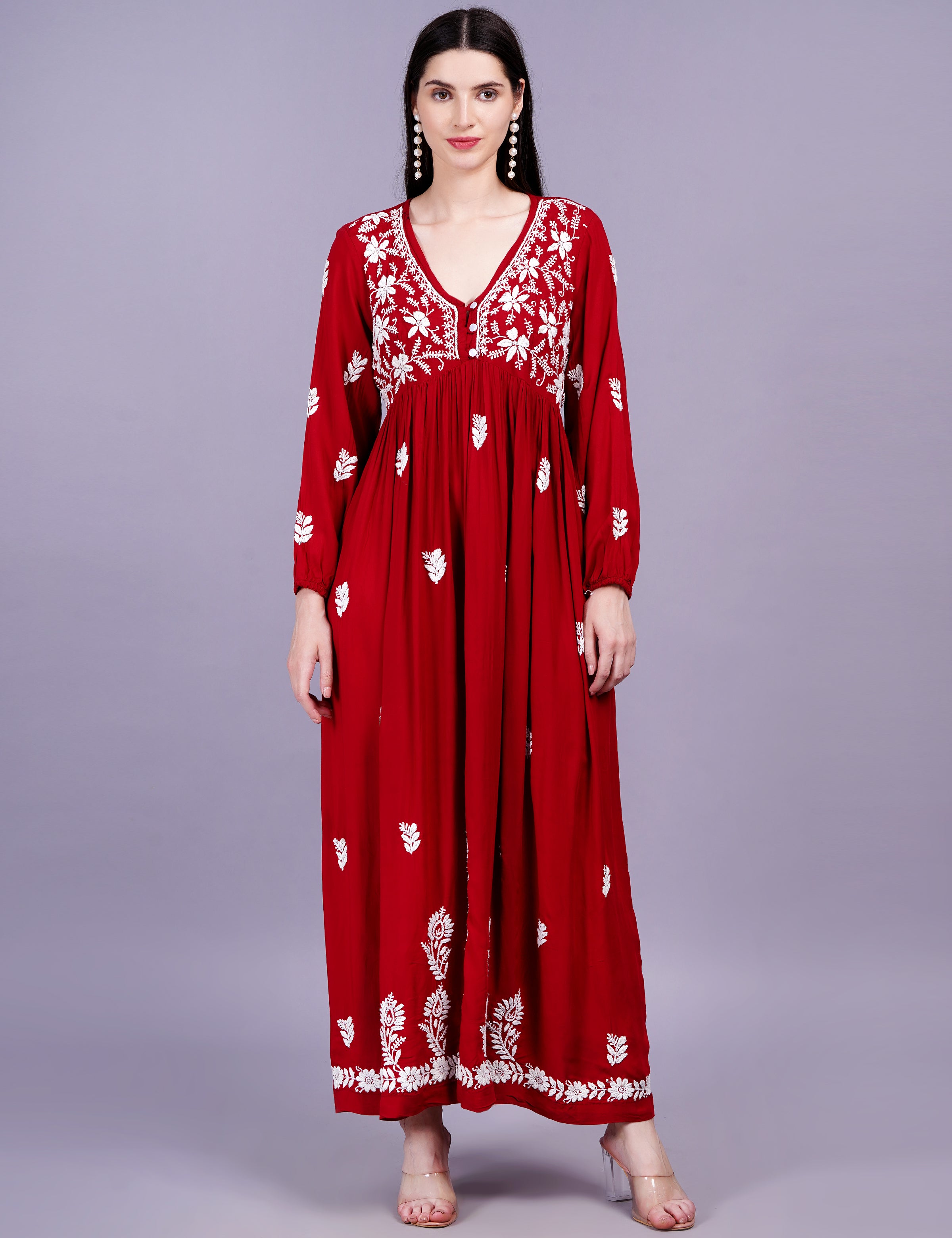 Modal Cotton Red Dress Chikankari Work - Sufiza Lifestyle