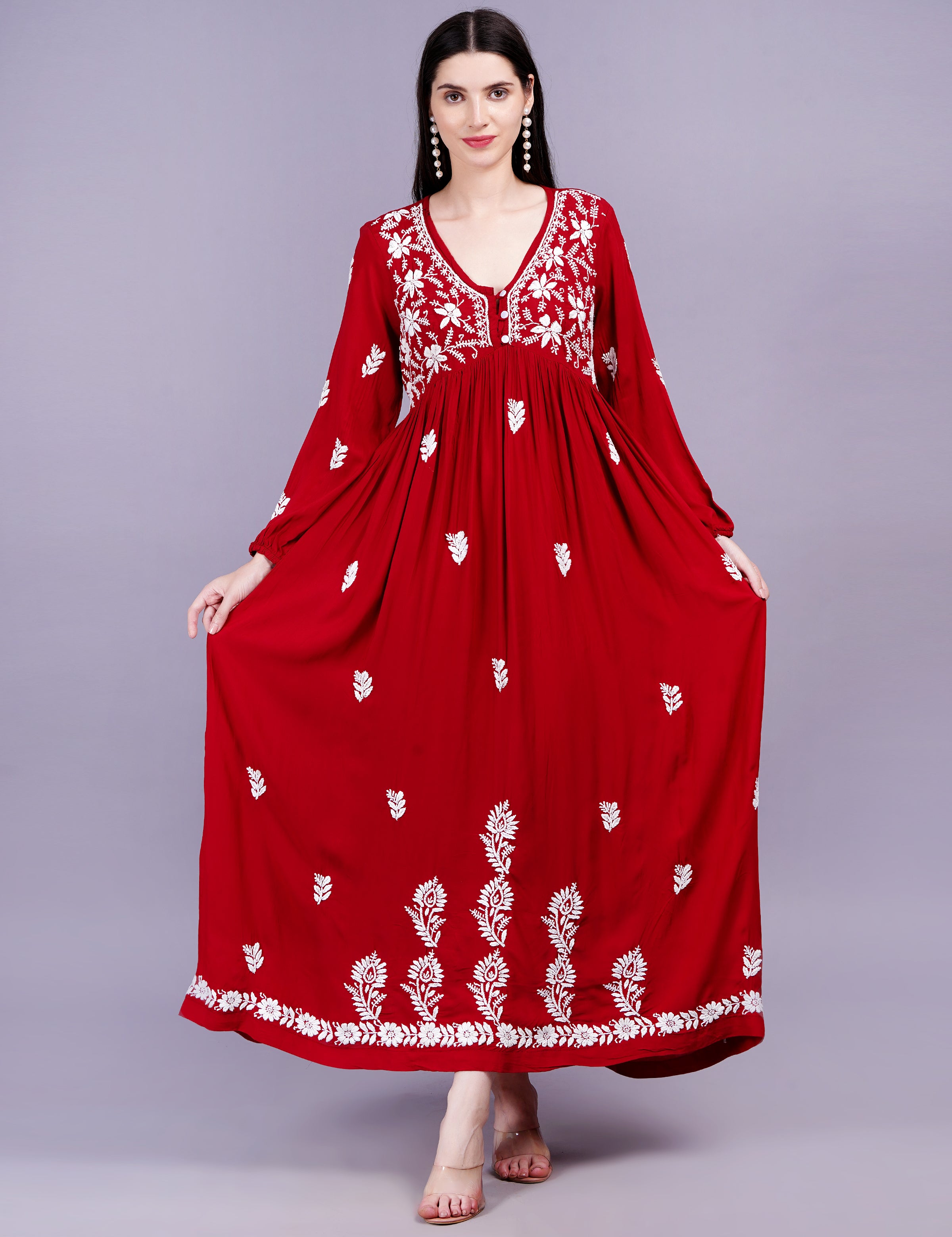 Modal Cotton Red Dress Chikankari Work - Sufiza Lifestyle
