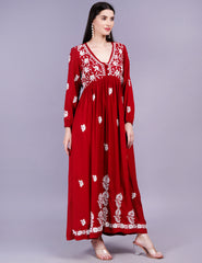 Modal Cotton Red Dress Chikankari Work - Sufiza Lifestyle