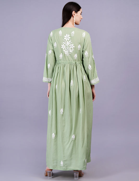 Modal Cotton Pista Green Dress Chikankari Work - Sufiza Lifestyle