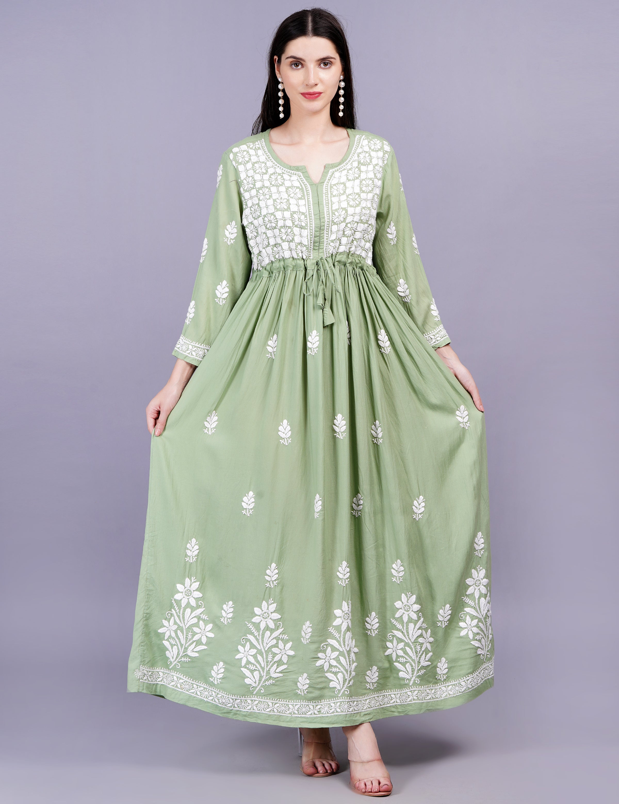 Modal Cotton Pista Green Dress Chikankari Work - Sufiza Lifestyle