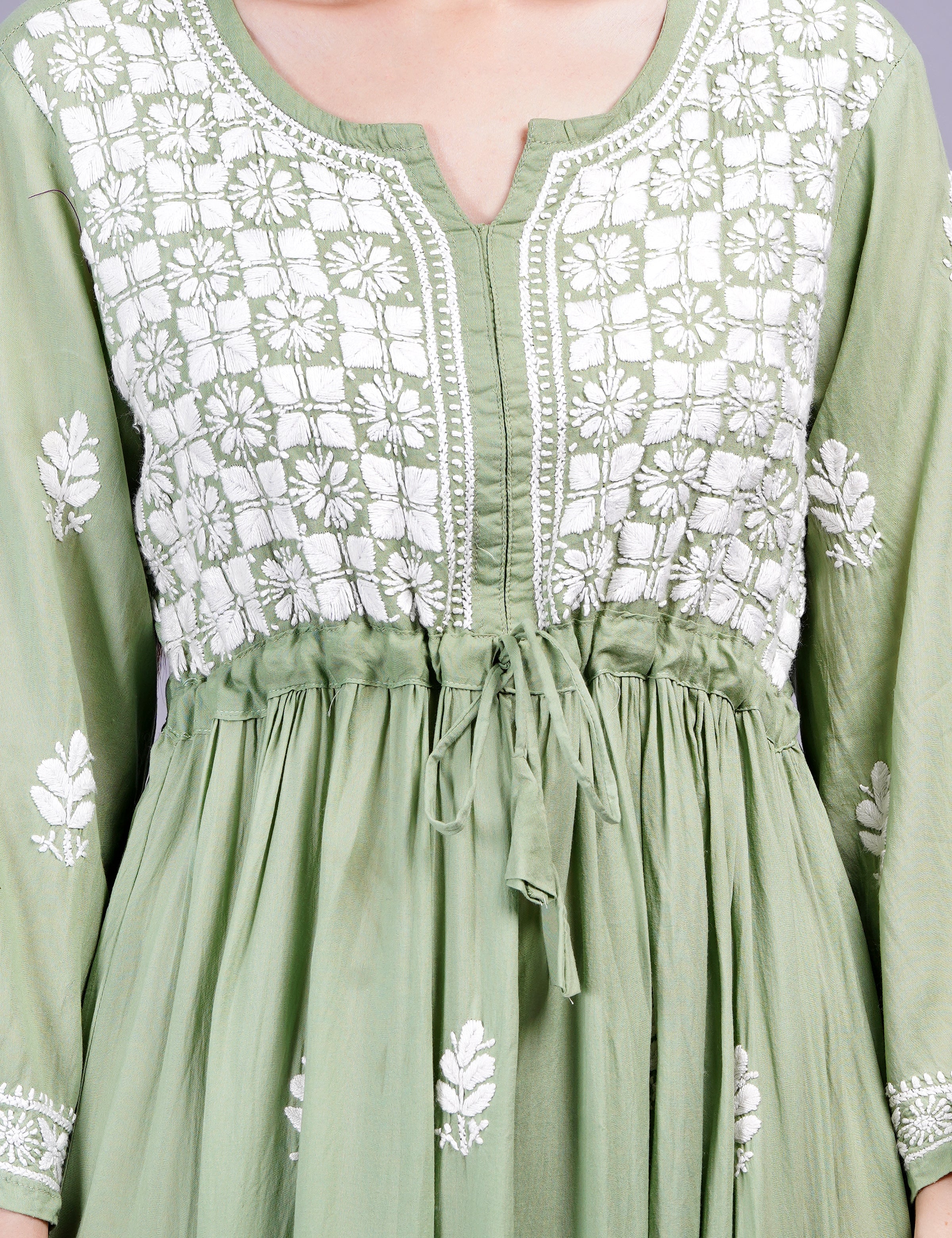 Modal Cotton Pista Green Dress Chikankari Work - Sufiza Lifestyle