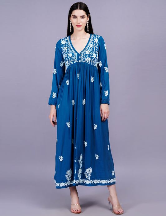 Modal Coton Blue Dress Chikankari Work - Sufiza Lifestyle