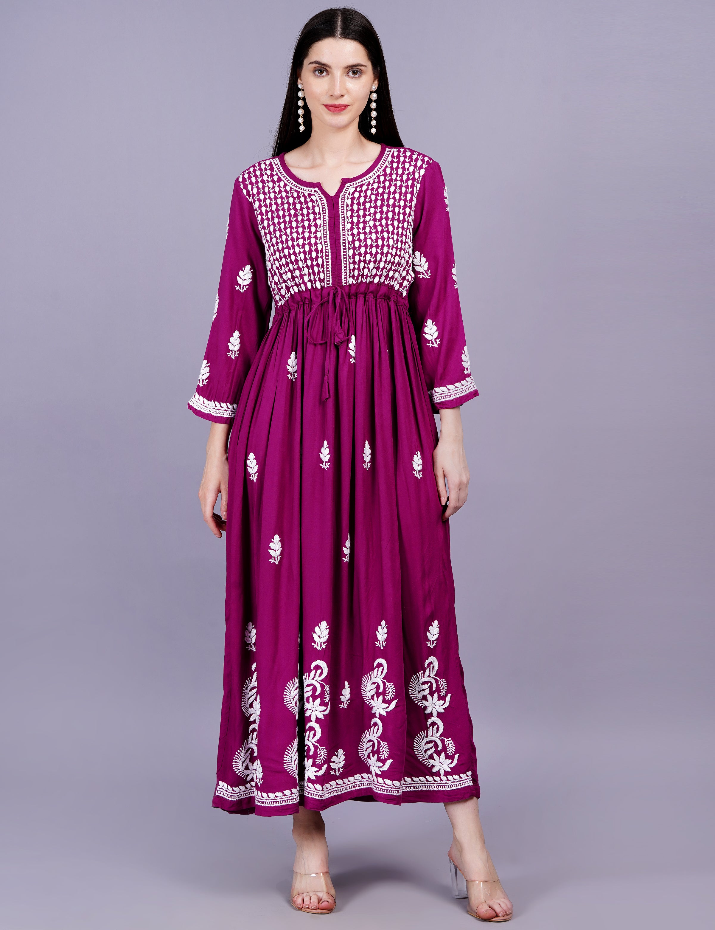 Modal Cotton Wine Color Chikankari Dress - Sufiza Lifestyle