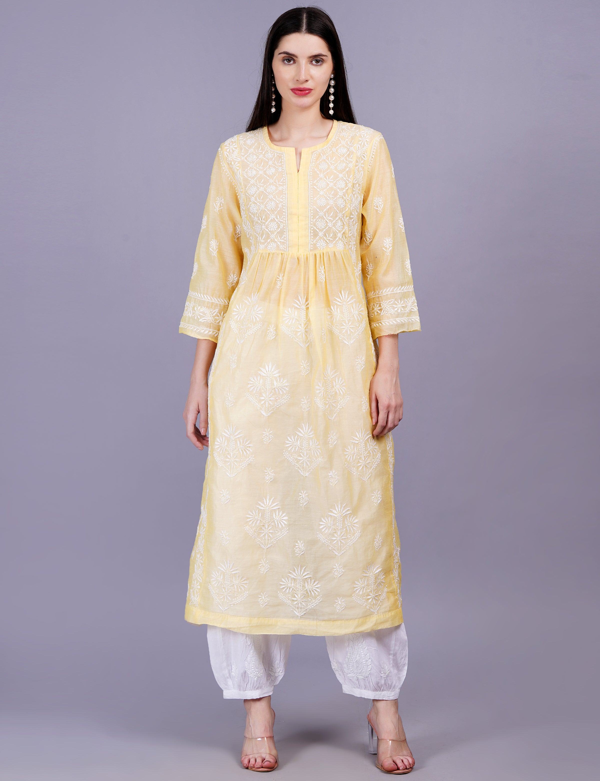 Chanderi Yellow Color Printed Dupatta Chikankari Kurta Set - Sufiza Lifestyle