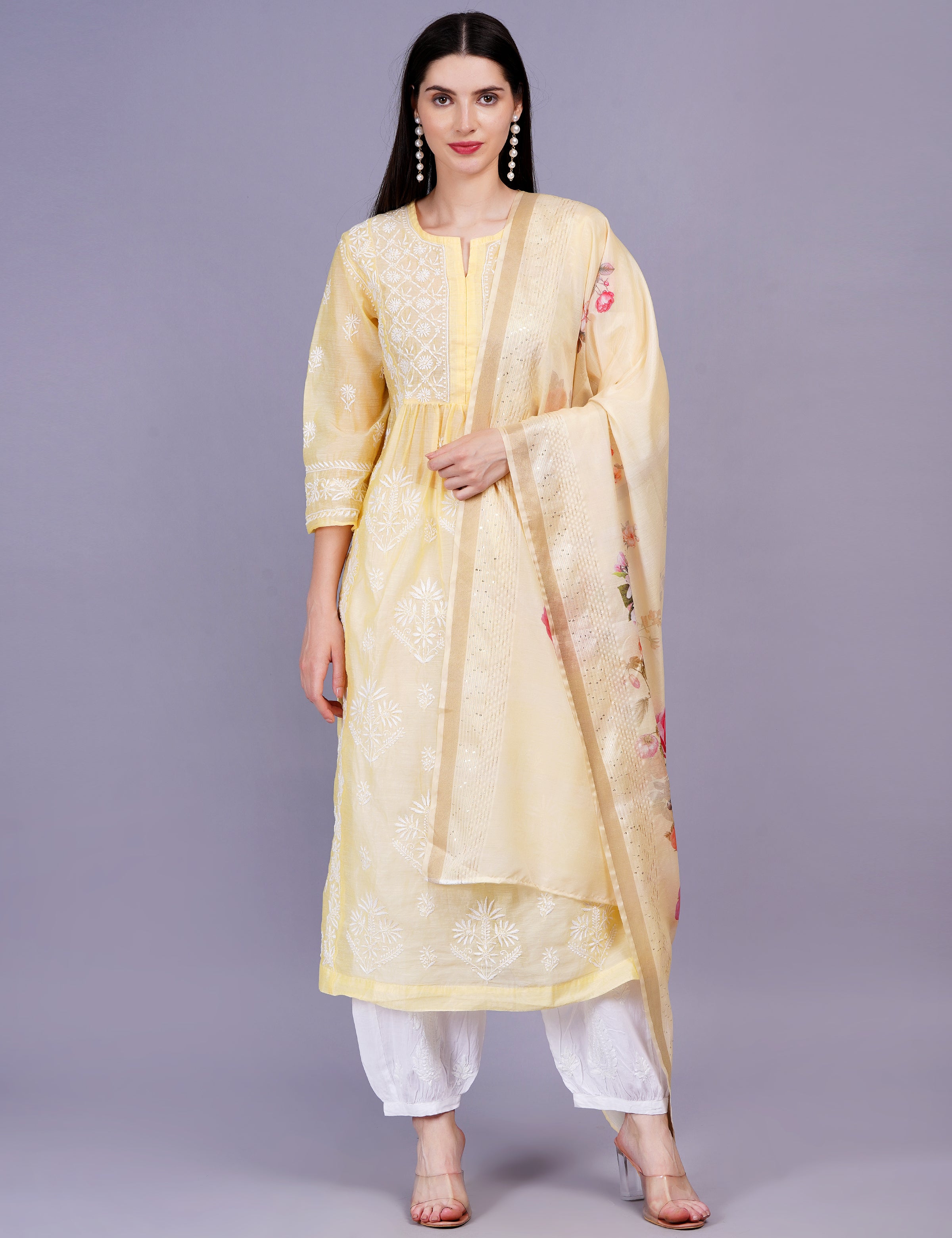 Chanderi Yellow Color Printed Dupatta Chikankari Kurta Set - Sufiza Lifestyle