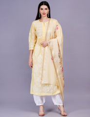 Chanderi Yellow Color Printed Dupatta Chikankari Kurta Set - Sufiza Lifestyle
