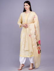 Chanderi Yellow Color Printed Dupatta Chikankari Kurta Set - Sufiza Lifestyle