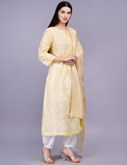 Chanderi Yellow Color Printed Dupatta Chikankari Kurta Set - Sufiza Lifestyle