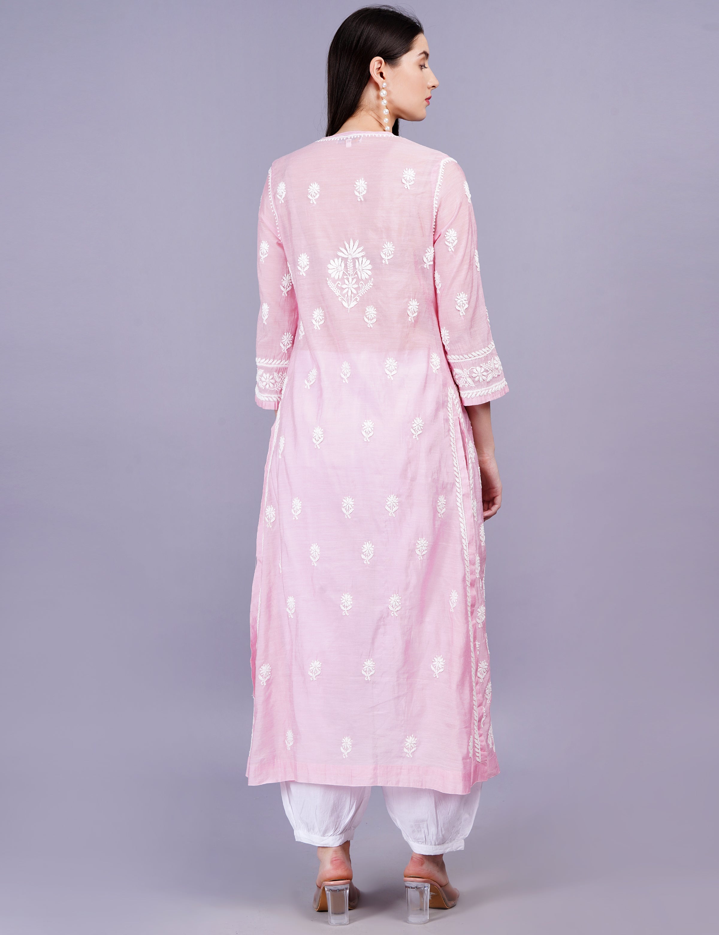 Chanderi Pink Color Printed Dupatta Chikankari Kurta Set - Sufiza Lifestyle
