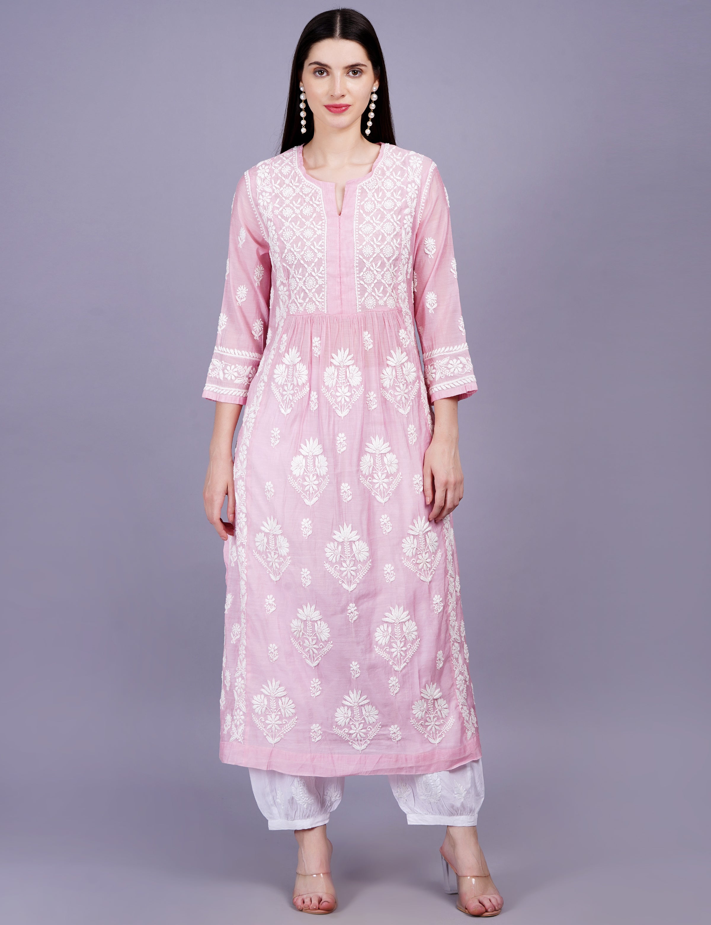 Chanderi Pink Color Printed Dupatta Chikankari Kurta Set - Sufiza Lifestyle