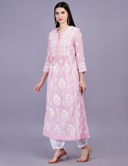 Chanderi Pink Color Printed Dupatta Chikankari Kurta Set - Sufiza Lifestyle