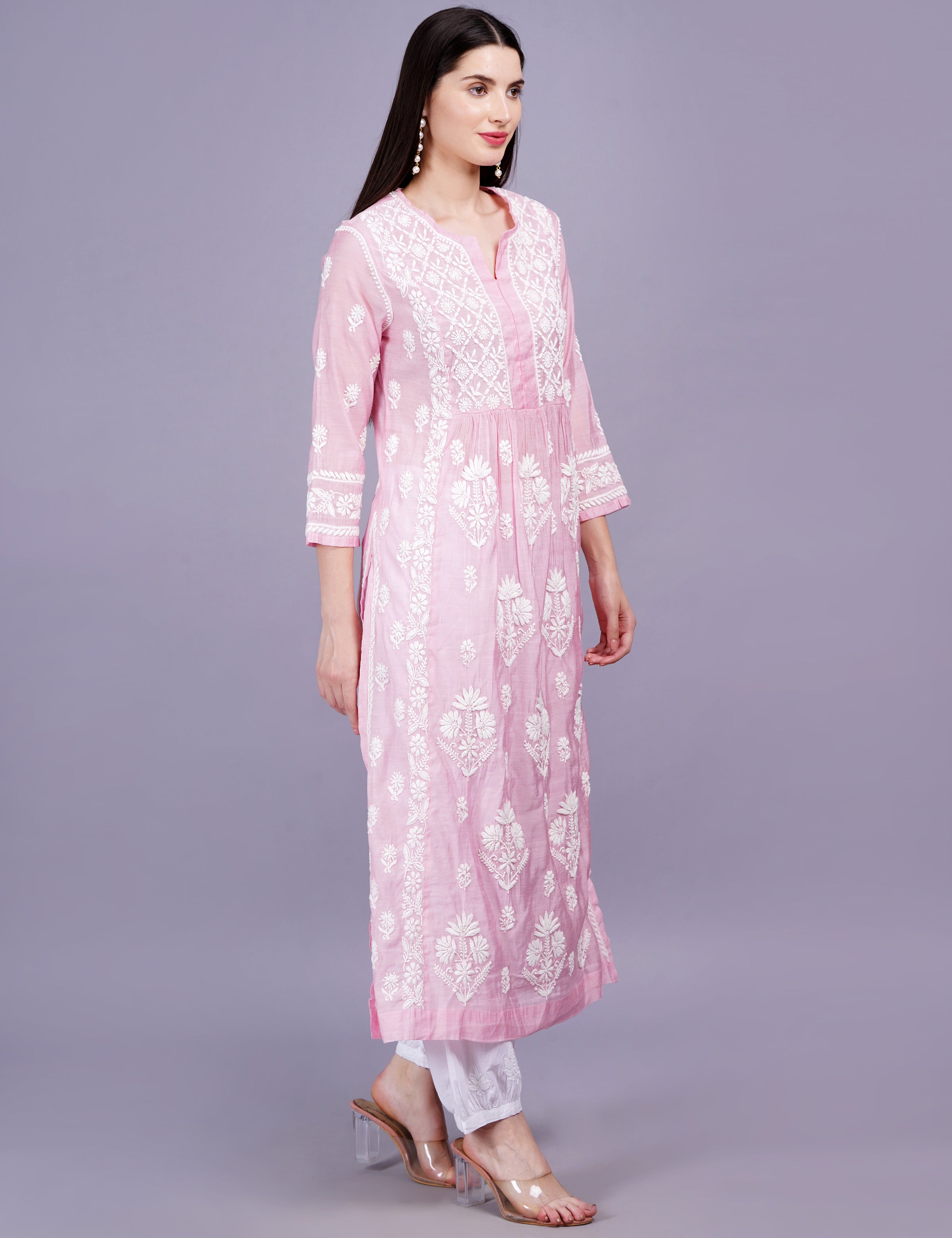Chanderi Pink Color Printed Dupatta Chikankari Kurta Set - Sufiza Lifestyle