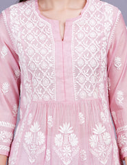 Chanderi Pink Color Printed Dupatta Chikankari Kurta Set - Sufiza Lifestyle
