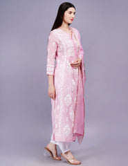 Chanderi Pink Color Printed Dupatta Chikankari Kurta Set - Sufiza Lifestyle