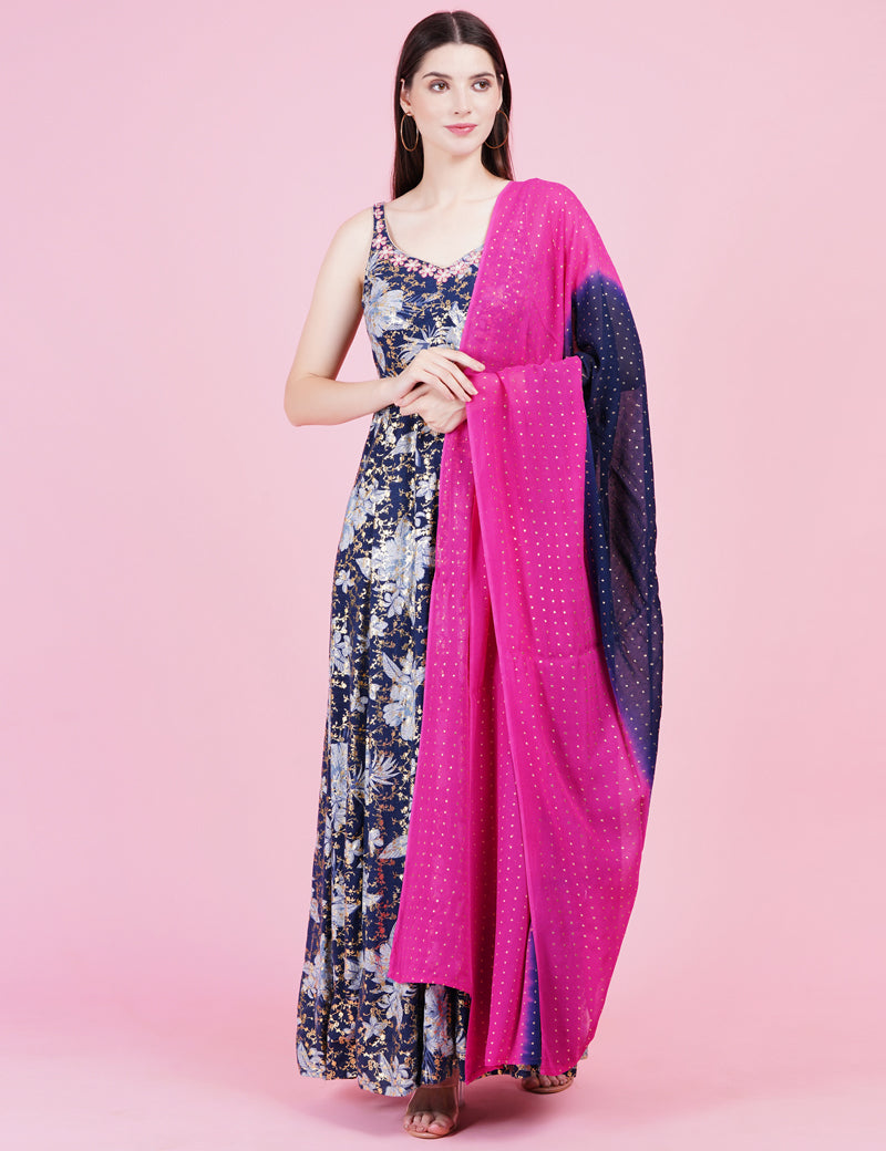 Navy Blue Foil Print Kota Pati Work Dress - Sufiza Lifestyle