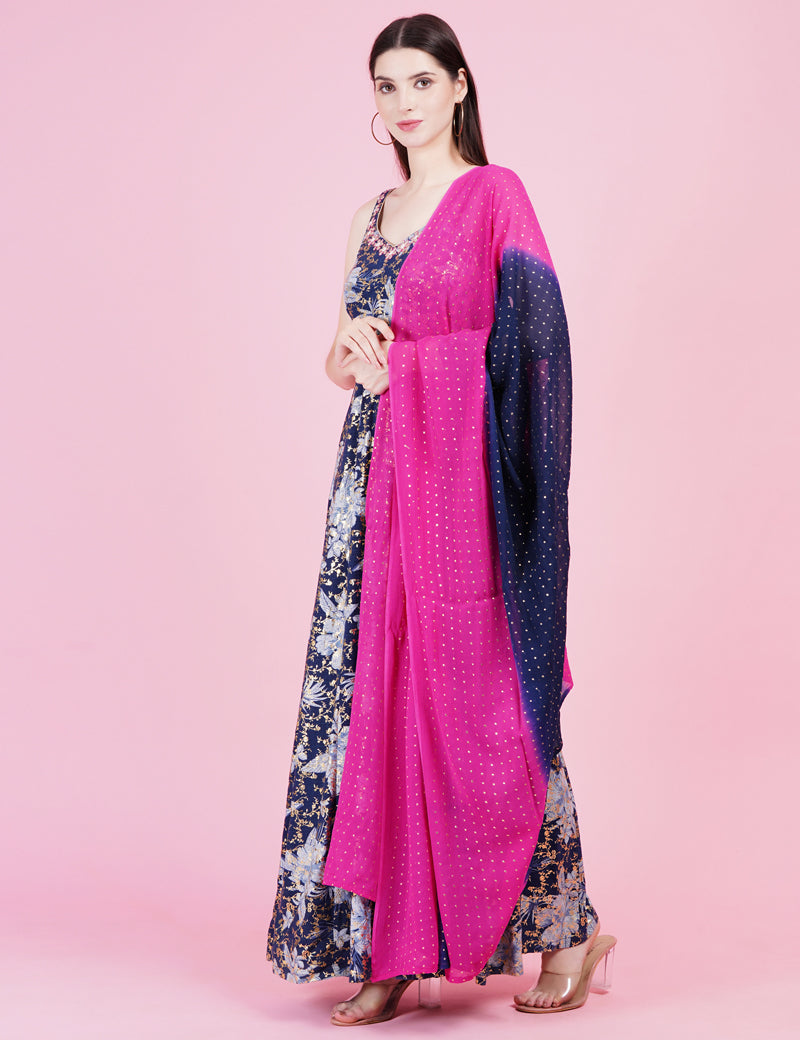 Navy Blue Foil Print Kota Pati Work Dress - Sufiza Lifestyle