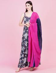 Navy Blue Foil Print Kota Pati Work Dress - Sufiza Lifestyle