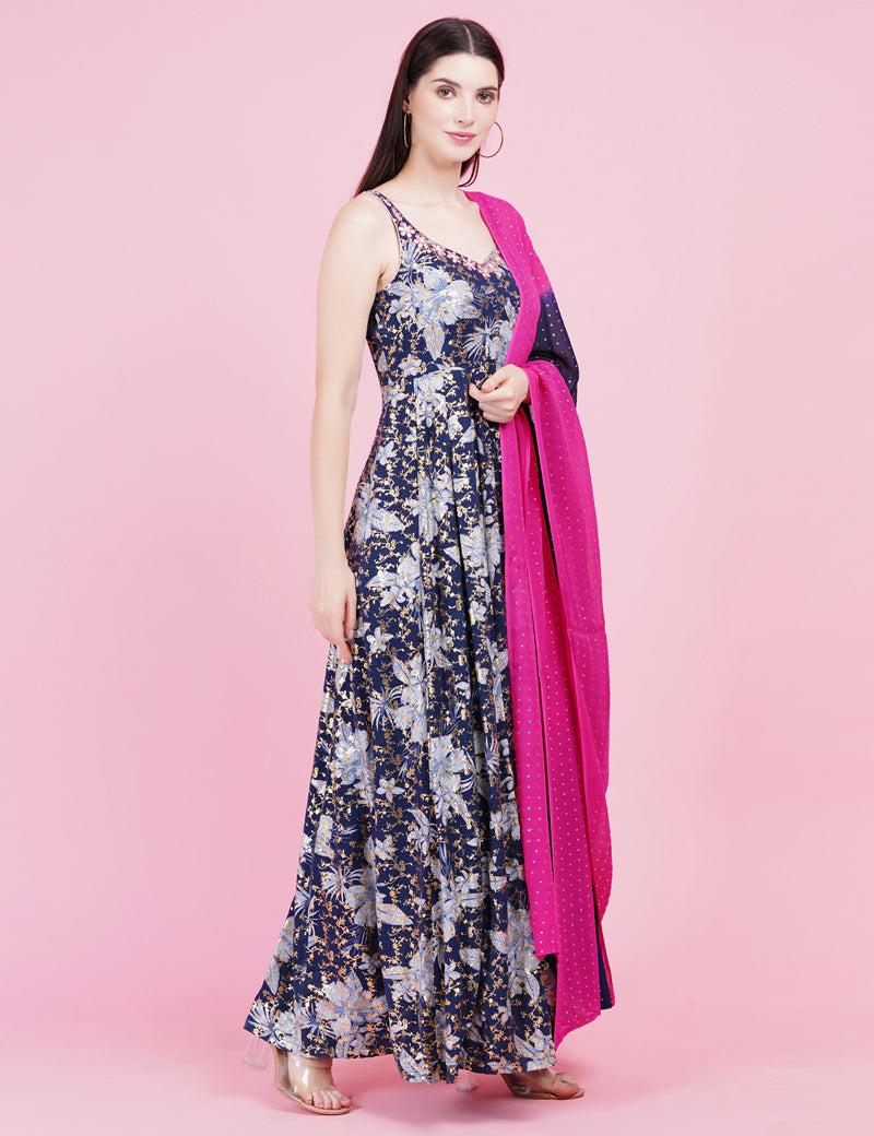 Navy Blue Foil Print Kota Pati Work Dress - Sufiza Lifestyle