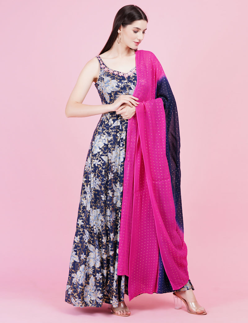 Navy Blue Foil Print Kota Pati Work Dress - Sufiza Lifestyle