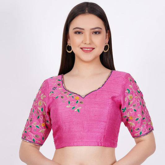 Raw SIlk Hand Embroided Pink Color Blouse - Sufiza Lifestyle