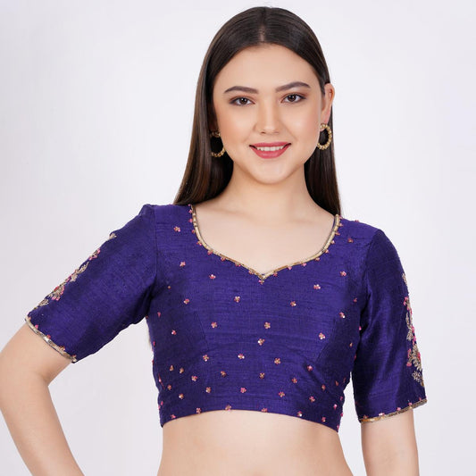 Raw SIlk Hand Embroided Navy Blue Color Blouse - Sufiza Lifestyle