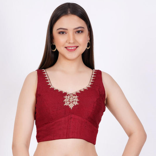 Raw SIlk Hand Embroided Maroon Color Blouse - Sufiza Lifestyle