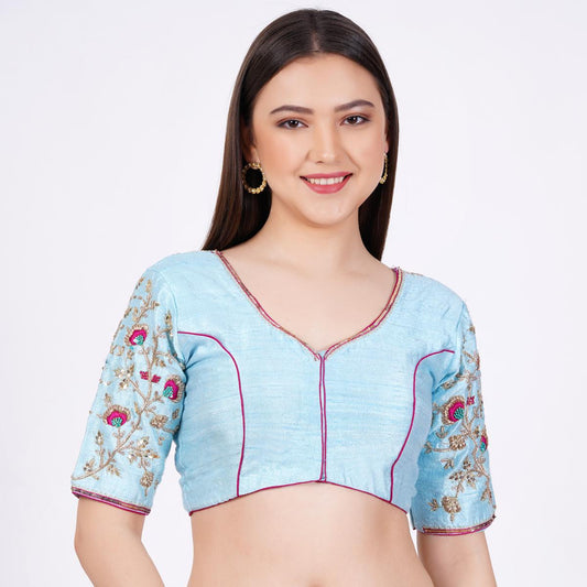 Raw Silk Hand Embroided Sky Blue Color Blouse - Sufiza Lifestyle