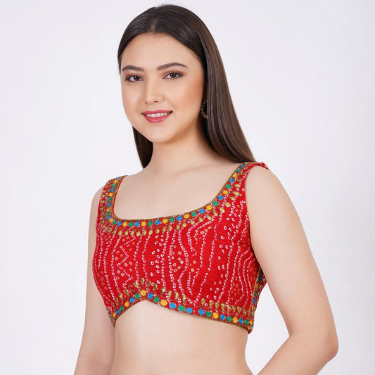 Cotton Bandhani Printed Red Color Hand Embroid Blouse - Sufiza Lifestyle