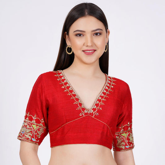 Raw Silk Red Color Hand Embroided Blouse - Sufiza Lifestyle