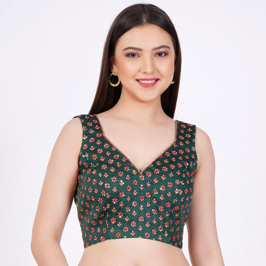 Brocade Dark Green Hand Embroided Blouse - Sufiza Lifestyle