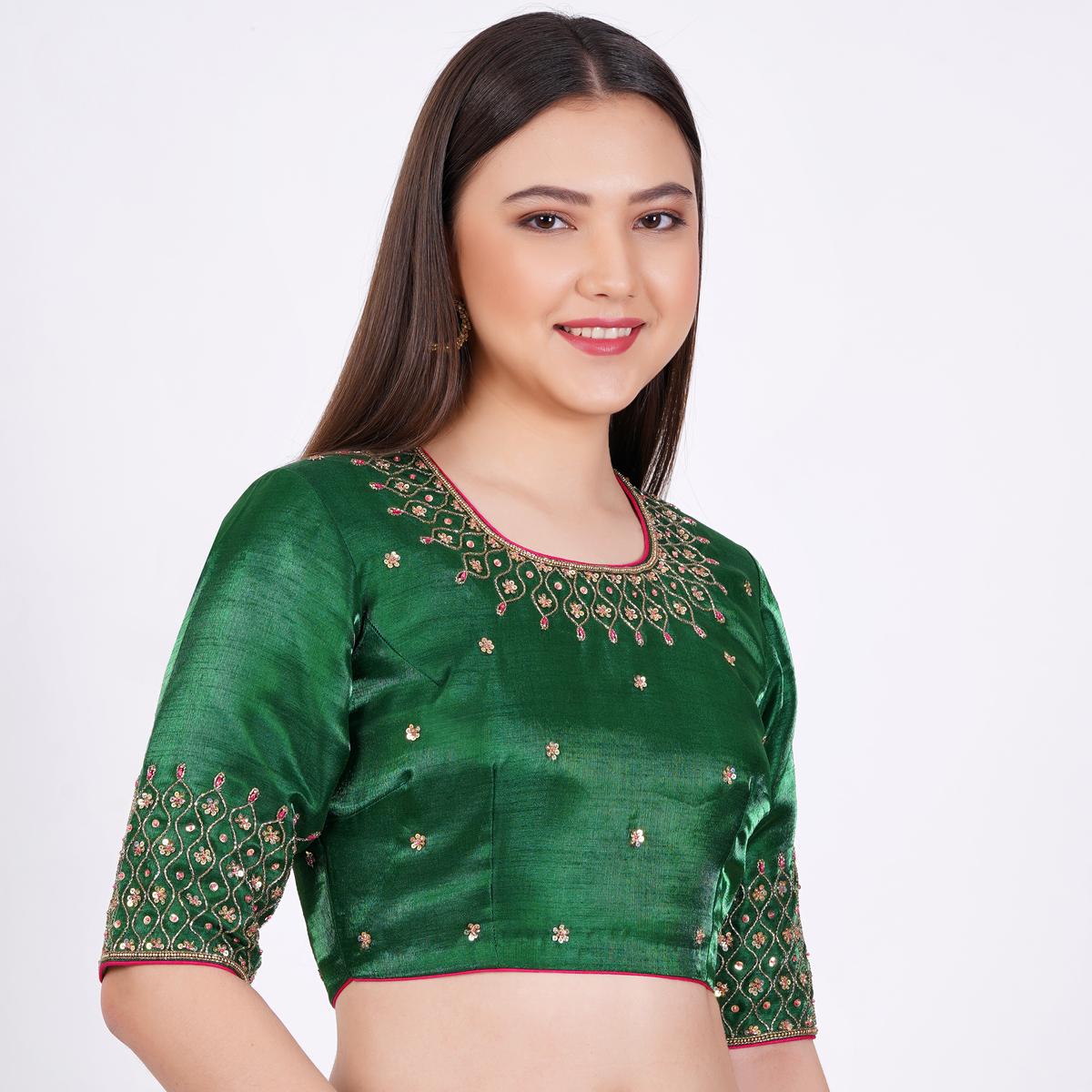 Silk Green Hand Embroided Blouse - Sufiza Lifestyle