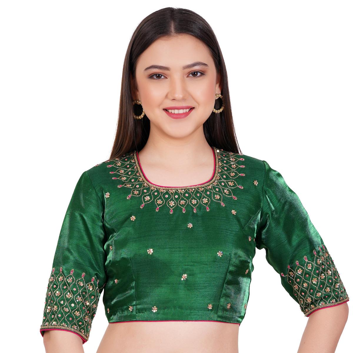 Silk Green Hand Embroided Blouse - Sufiza Lifestyle