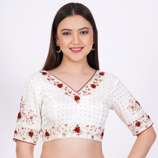 Viscose Georgette Cream Color Hand Embroided Blouse - Sufiza Lifestyle