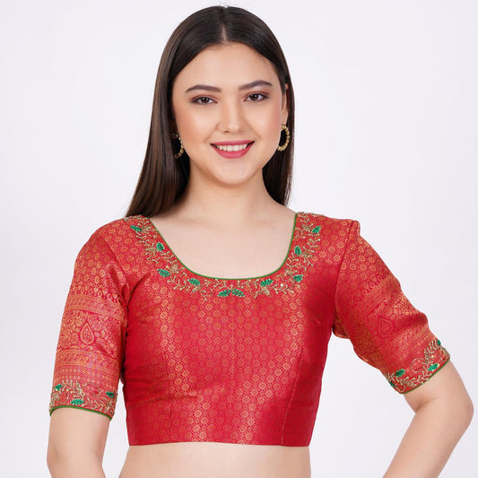 Banarsi Silk Red Color Hand Embroided Blouse - Sufiza Lifestyle