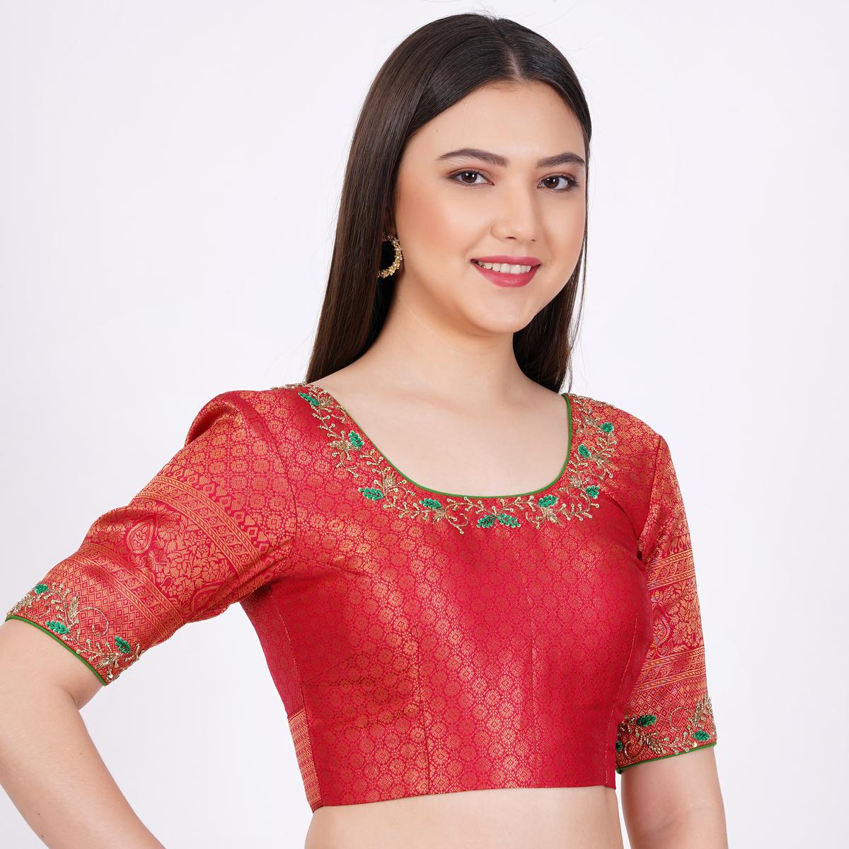 Banarsi Silk Red Color Hand Embroided  Blouse - Sufiza Lifestyle