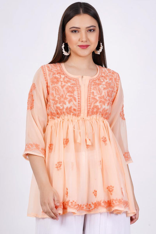 Orange Chikankari Ghas Pati Hand Work - Sufiza Lifestyle