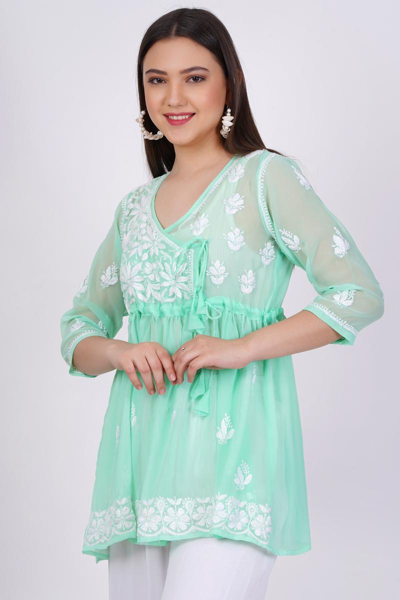 Green Chikankari Ghas Pati Hand Work - Sufiza Lifestyle