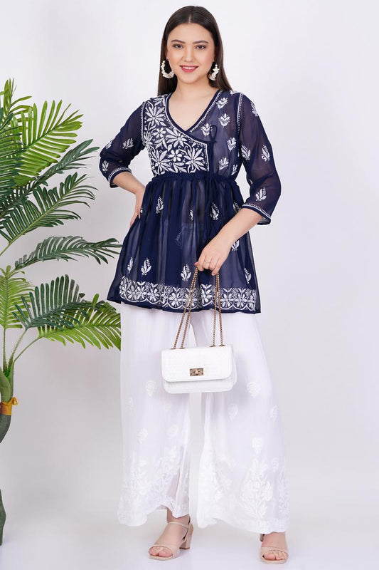 Navy Blue Chikankari Ghas Pati Bakhiya Hand Work - Sufiza Lifestyle