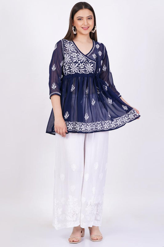 Navy Blue Chikankari Ghas Pati Bakhiya Hand Work - Sufiza Lifestyle